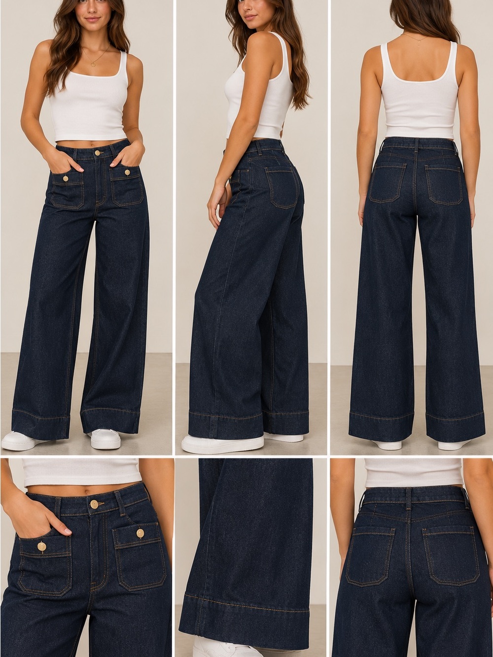 H&M Women's Sz 6 Dark Indigo Wide-Leg High-Rise Trousers Jeans Patch Pockets